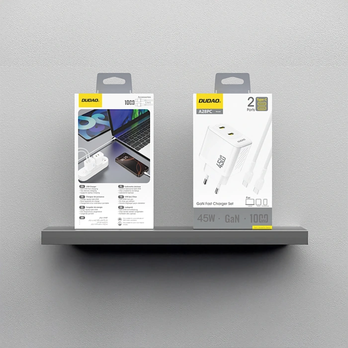 Ładowarka sieciowa Dudao A28PCEU PD 45W GaN 2xUSB-C z kablem USB-C - biała