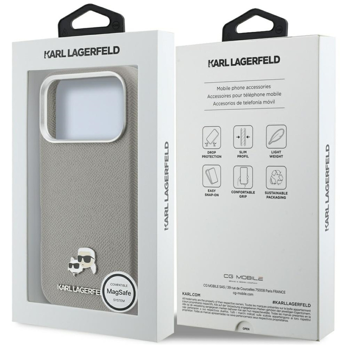 Etui Karl Lagerfeld Karl & Choupette     Head Pins Saffiano MagSafe do iPhone 17 Pro Max szary
