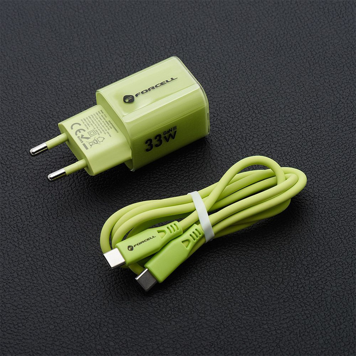 Ładowarka sieciowa do telefonu Forcell F-Energy GaN III Crystal Color USB C + USB A QC4.0 PD 33W + kabel USB C do USB C VT-41 zielona 0INT