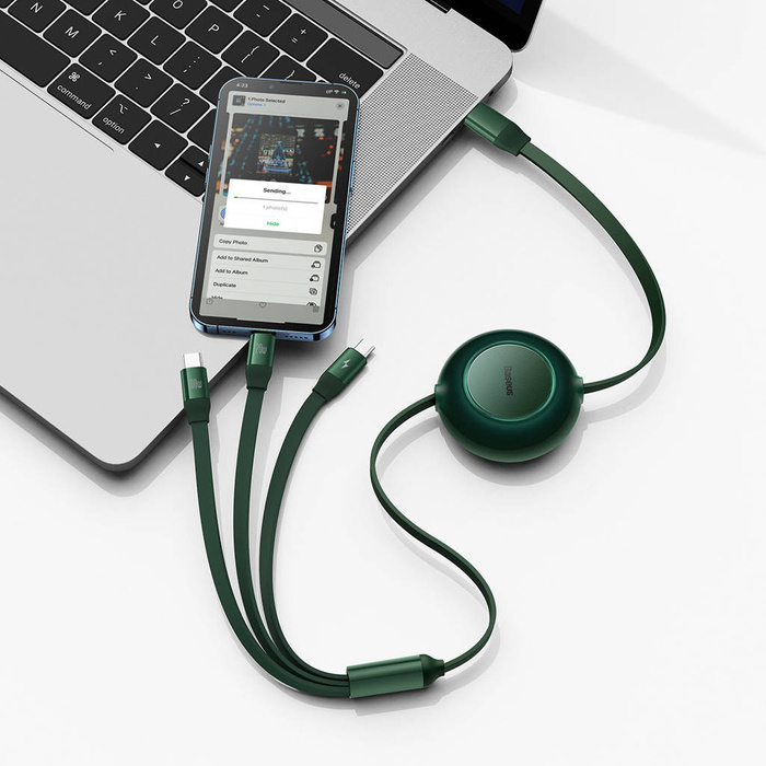 Baseus Bright Mirror 2 zwijany kabel przewód 3w1 USB Typ C - micro USB + Lightning + USB Typ C 3.5A 1.1m zielony (CAMJ010206)