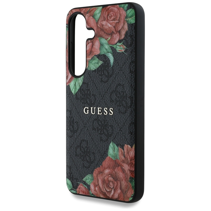 Etui Guess Leather 4G Flowers Print       Metal Classic Logo MagSafe Samsung Galaxy S25 czarny