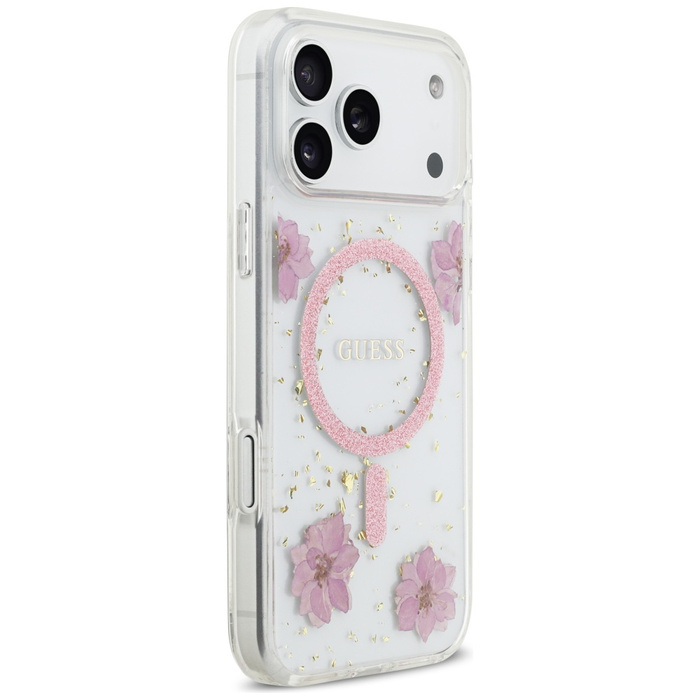 Etui Guess Resin Flowers Glitter MagSafe do iPhone 17 Pro Max różowy