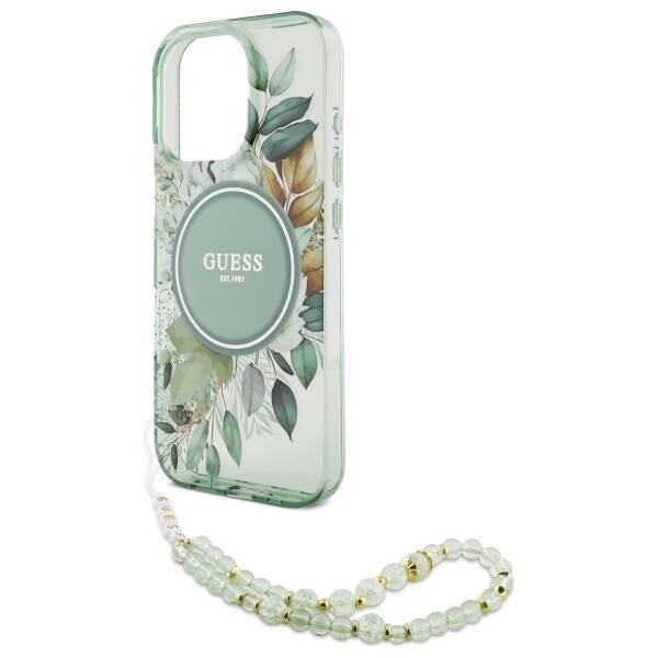 Etui Guess iPhone 16 Pro Max 6.9" zielony/green hardcase IML Flowers With Pearl Strap MagSafe