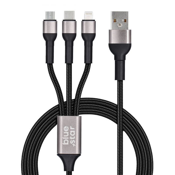 Kabel 3w1 USB A do Lightning / Micro USB / USB C Blue Star 2,4A z oplotem 1,2 m TFK-DC-010 czarny