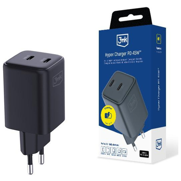 Ładowarka sieciowa 3MK Hyper Charger PD 45W GaN QC4+ PPS 2C Super-Fast Charge 2.0 Czarny