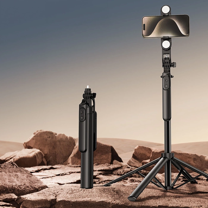 Selfie stick teleskopowy statyw Wozinsky 1.75m Stop aluminium z podwójną lampą i uchwytem na telefon Czarny