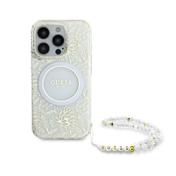 Etui Guess iPhone 16 Pro 6.3" biały/white hardcase IML Flowers Allover Electro With Pearl Strap MagSafe