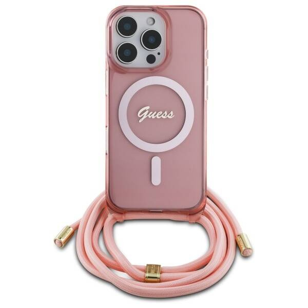 Etui Guess iPhone 16 Pro Max 6.9" różowy/pink hardcase Crossbody Cord Script MagSafe