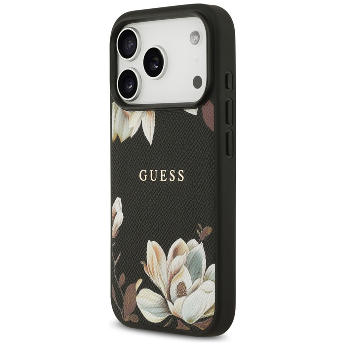 Etui Guess Grained Flowers Classic Logo  MagSafe do iPhone 17 Pro czarny