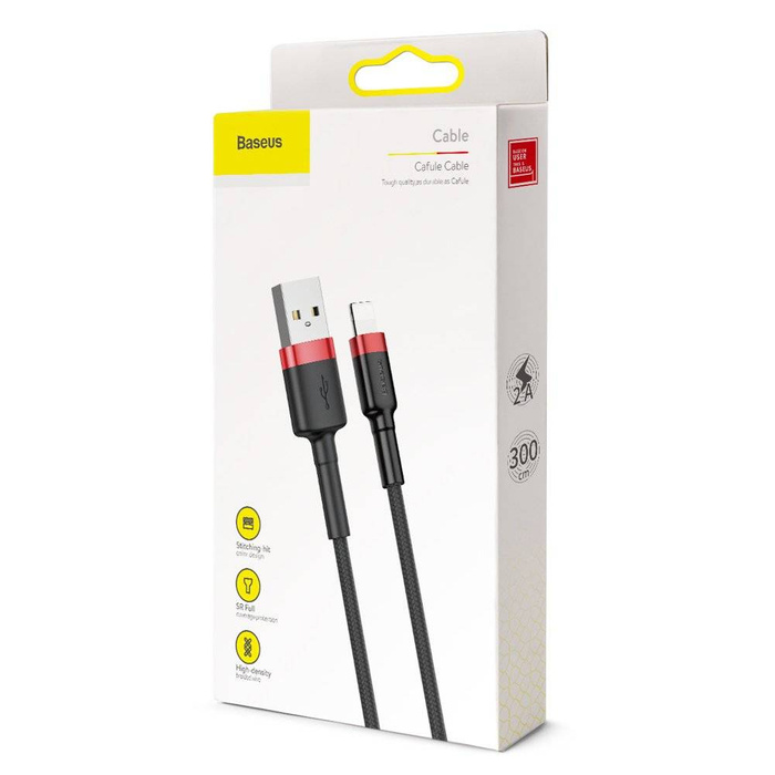 Baseus Cafule Cable wytrzymały nylonowy kabel przewód USB / Lightning QC3.0 2A 3M czarno-czerwony (CALKLF-R91)