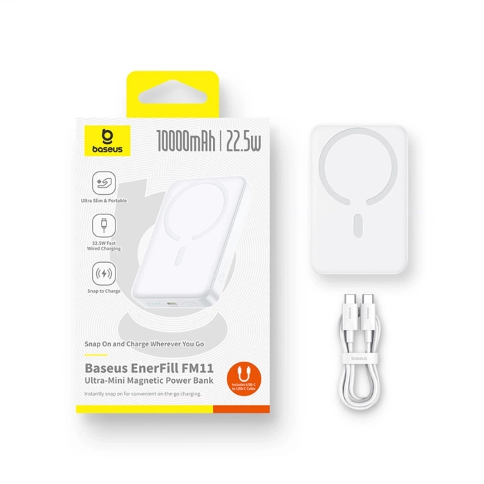 Powerbank Baseus EnerFill FM11 Ultra-Mini 10000mAh 22,5W kompatybilny z MagSafe z kablem Baseus Simple USB-C 20V/3A 30cm - biały