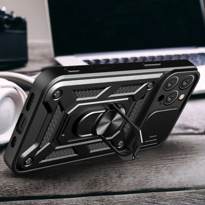 Etui Hybrid Armor Camshield na iPhone 16 Pro pancerne z osłoną na aparat z podstawką - czarne