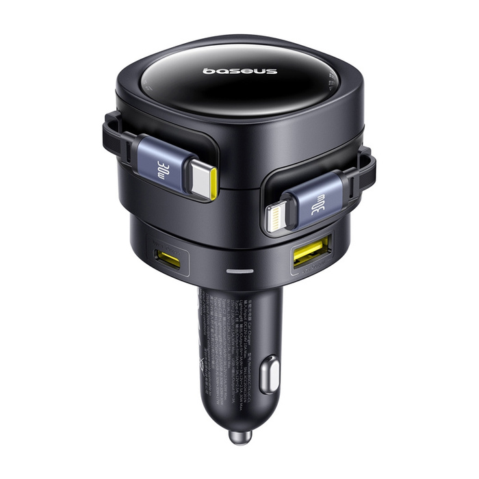 Ładowarka samochodowa Baseus Enjoyment Max z kablami USB-C+Lightning i portami USB-A+USB-C 90W Czarny