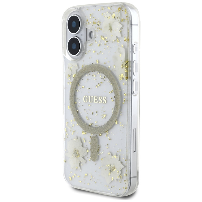 Etui Guess Resin Flowers Glitter MagSafe do iPhone 16 beżowy