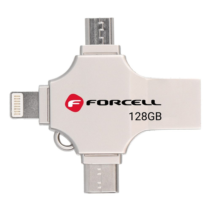 Pendrive 128GB USB 3.2 Gen 1 (USB A / USB C / Lightning / Micro USB) Forcell F-Data Metal Quad srebrny