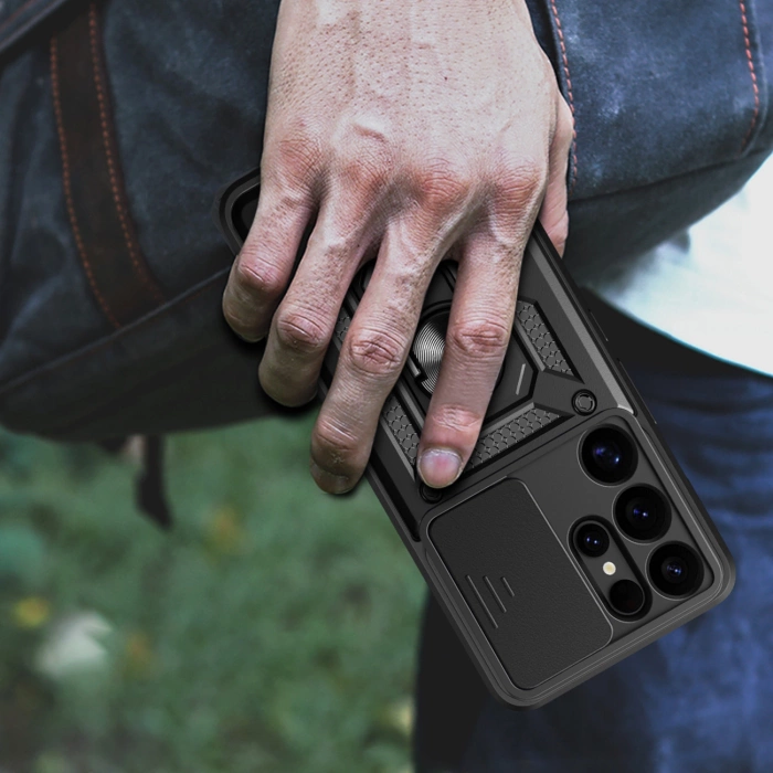 Etui pancerne Hybrid Armor Camshield z osłoną aparatu i metalowym ringiem do Samsung Galaxy S25 Ultra - czarne