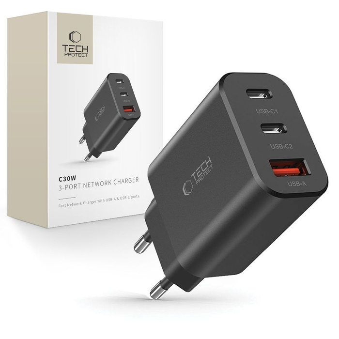 ŁADOWARKA TECH-PROTECT C30W 3-PORT NETWORK CHARGER PD30W/QC3.0 BLACK