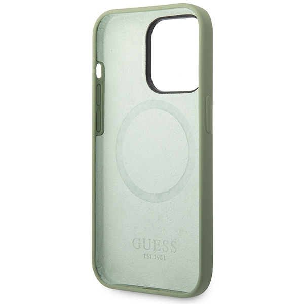 Etui Guess GUHMP14XSBPLA iPhone 14 Pro Max 6.7" zielony/khaki hard case Silicone Logo Plate MagSafe Case