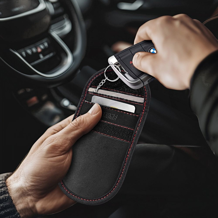 KLATKA FARADAYA TECH-PROTECT KLR100 POUCH KEYLESS RFID SIGNAL BLOCKER CASE BLACK/RED