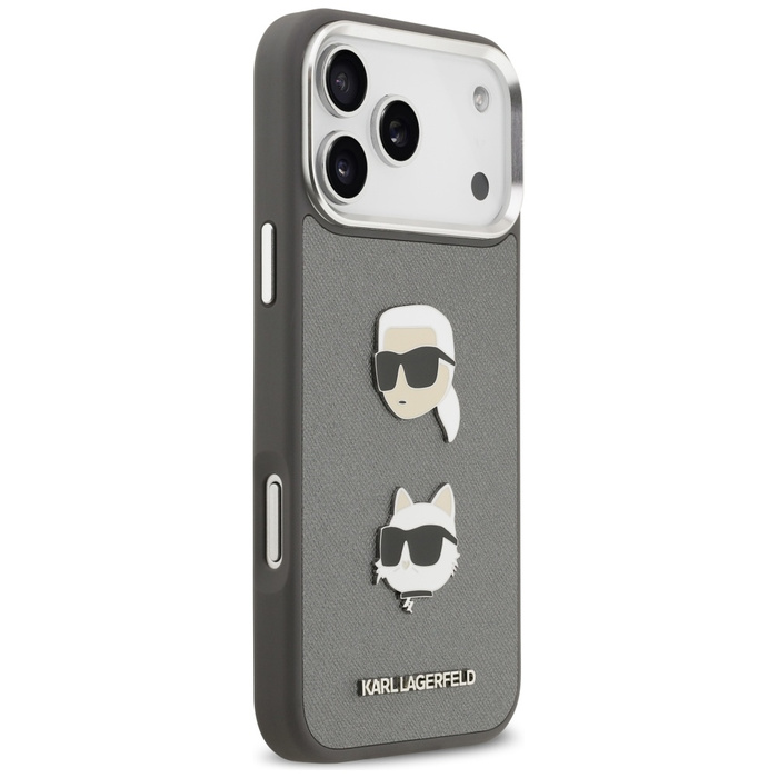 Etui Karl Lagerfeld FW Grained Karl &    Choupette Heads Pins & Logo do iPhone 17 Pro Max szary
