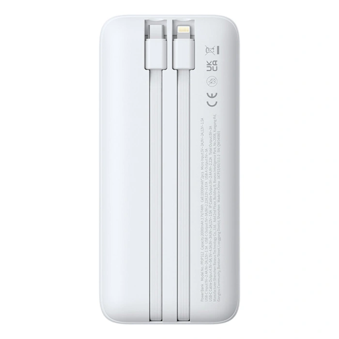 Powerbank Baseus Lipow 20000mAh 22,5W z dwoma wbudowanymi kablami z dodatkowym kablem Baseus Simple USB-A - USB-C 3A 20cm - biały
