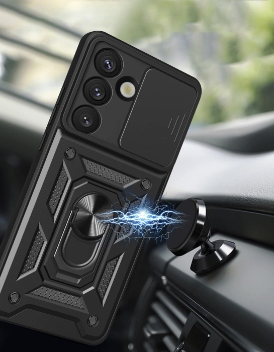 Etui pancerne Hybrid Armor Camshield z osłoną aparatu i metalowym ringiem do Samsung Galaxy S25 - czarne