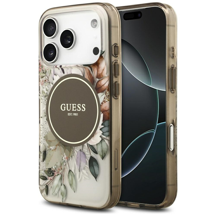 Etui Guess IML Flower & Tonal Circle     MagSafe do iPhone 17 Pro brązowy