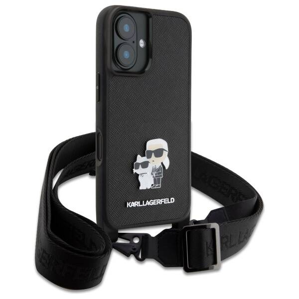 Etui Karl Lagerfeld iPhone 16 czarny/black hardcase Saffiano Karl&Choupette Metal Pin CBDY Strap