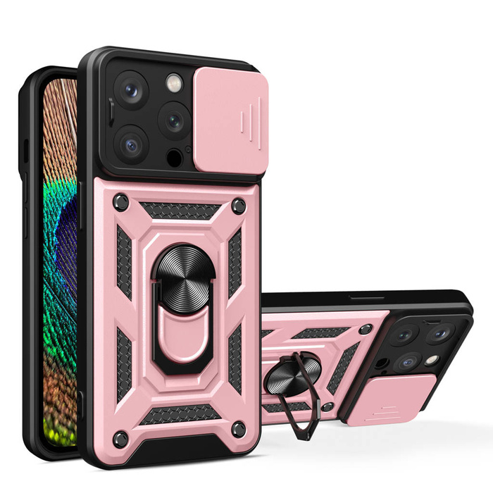 Etui Pancerne etui z podstawką i osłoną aparatu do iPhone 15 Pro Max Hybrid Armor Camshield - różowe Case