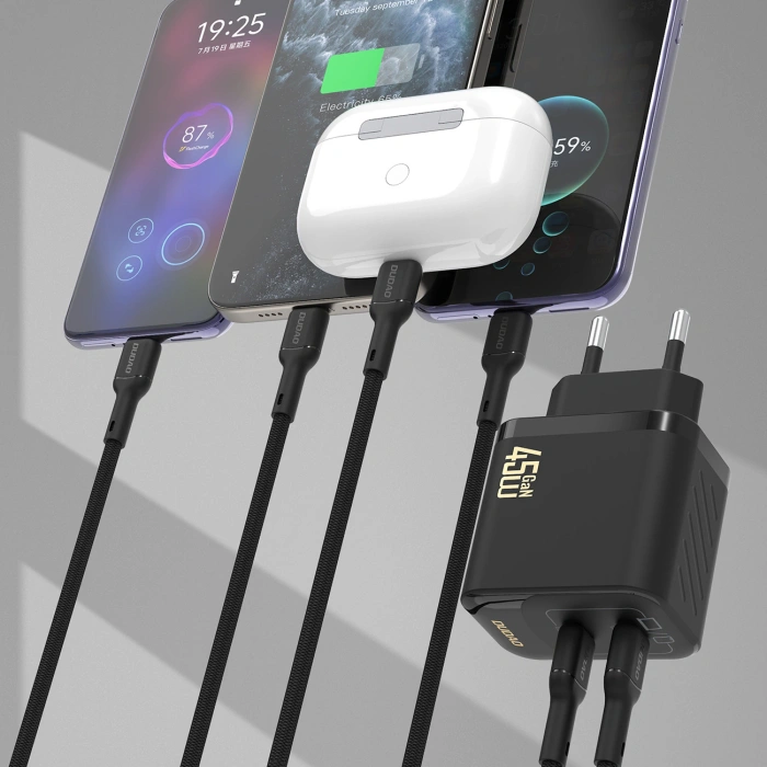 Ładowarka sieciowa Dudao A28PCEU PD 45W GaN 2xUSB-C z kablem USB-C - czarna