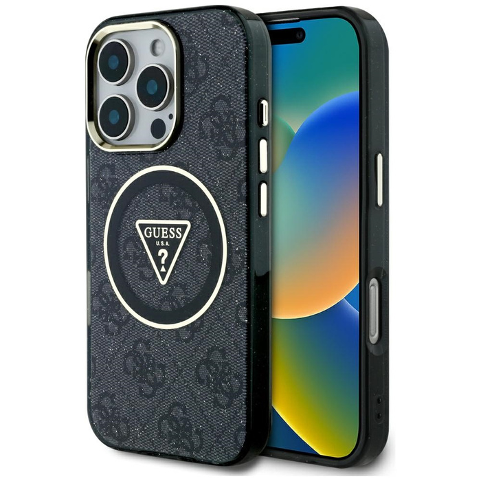 Etui Guess IML Metal Glitter 4G Circle   Triangle MagSafe do iPhone 16 Pro Max czarny