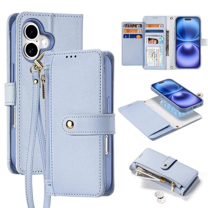 Etui skórzane Dux Ducis Lawa na iPhone 16 z odłączanym portfelem magnetycznym - błękitne