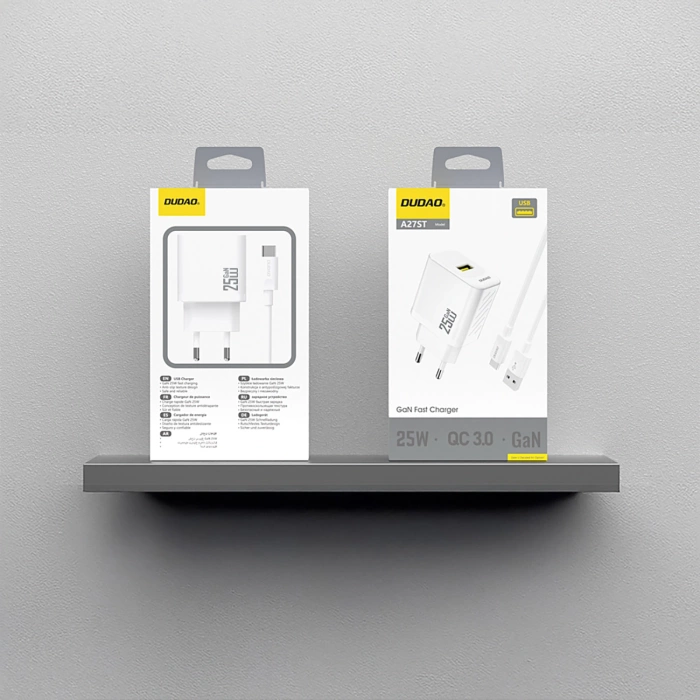 Ładowarka sieciowa Dudao A27STEU 25W GaN USB-A z kablem USB-A - USB-C - biała