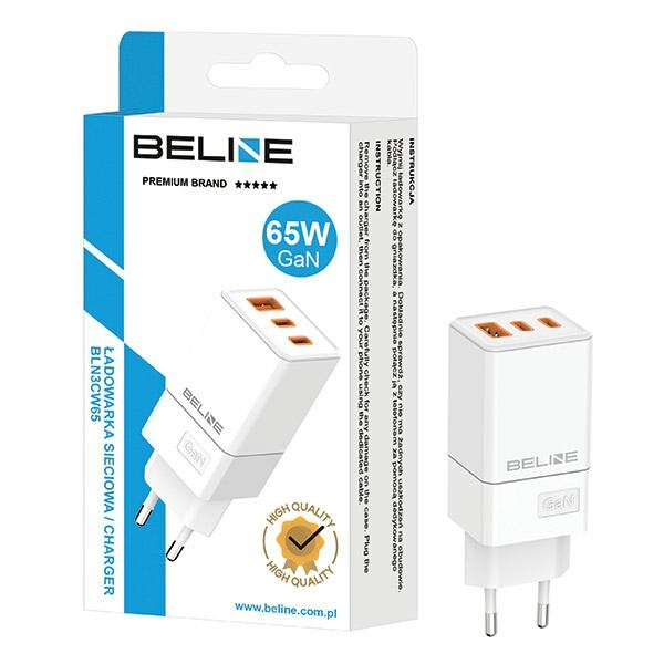 Beline Ład. siec. 2x USB-C + 1x USB 65Wbiały/white (only head) PD 3.0 + QC 3.0  BLN3CW65 GaN