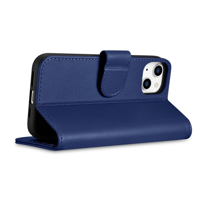 iCarer Wallet Case 2in1 etui iPhone 14 Plus skórzany pokrowiec z klapką Anti-RFID niebieski (WMI14220727-BU)