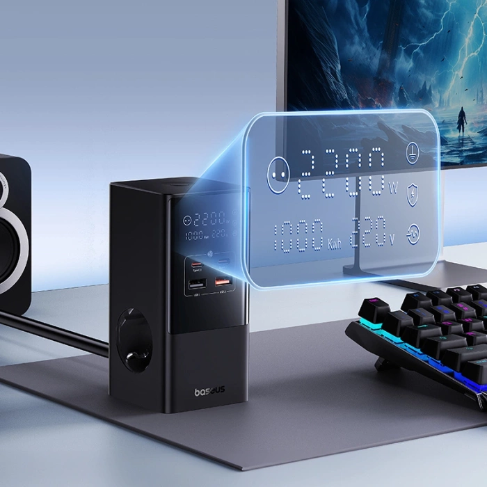 Stacja ładująca Baseus PowerCombo Tower 100W 2 x EU + 2 x USB-A + 2 x USB-C 1,5m - czarna