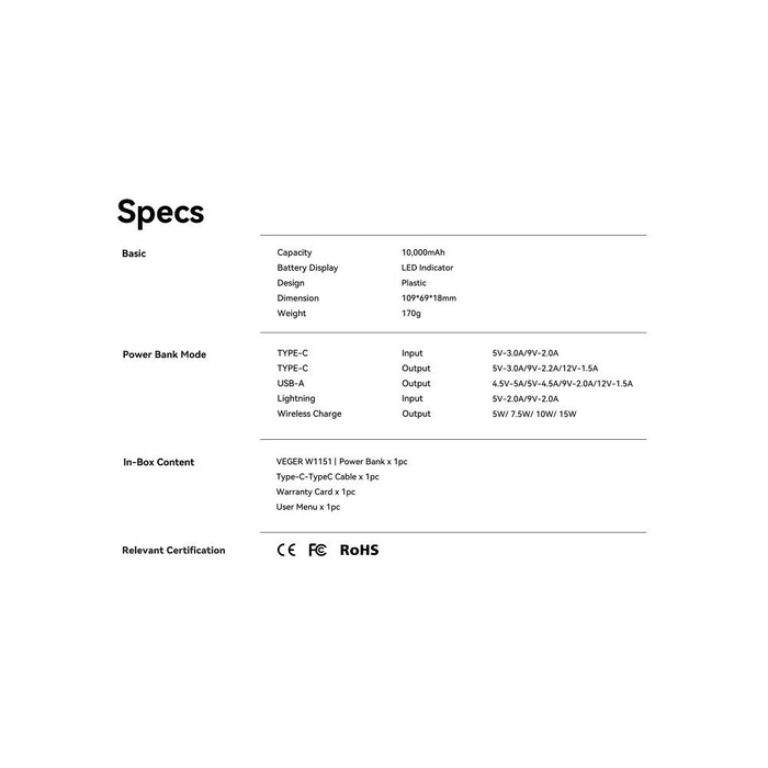 VEGER powerbank 10000 mAh z ładowaniem indukcyjnym kompatybilny z MagSafe PD QC3.0 2A 20W MagOn (VP1151 / W1151) biały