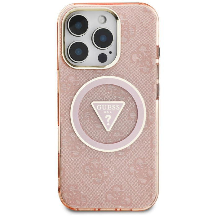 Etui Guess IML Metal Glitter 4G Circle   Triangle MagSafe do iPhone 16 Pro różowy