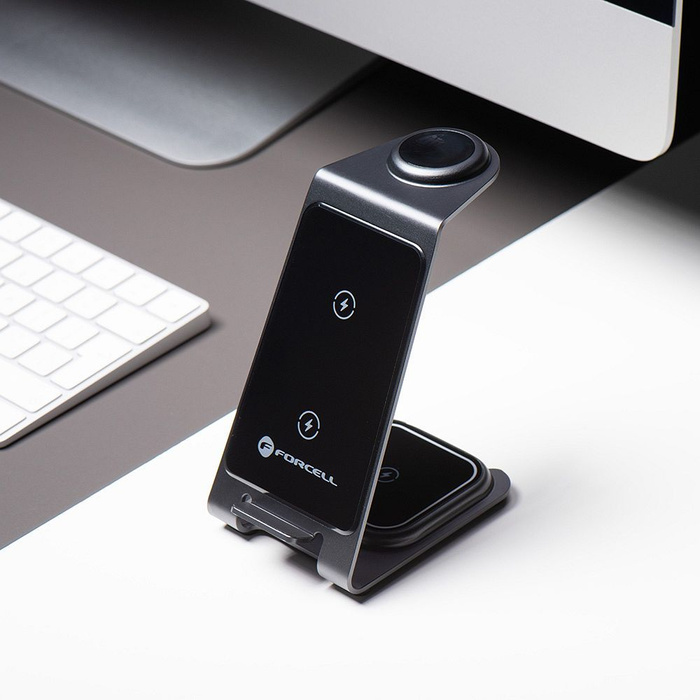 Ładowarka indukcyjna Forcell F-Energy 3w1 Simply Charge aluminiowa kompatybilna z Apple Watch i Samsung Watch szara