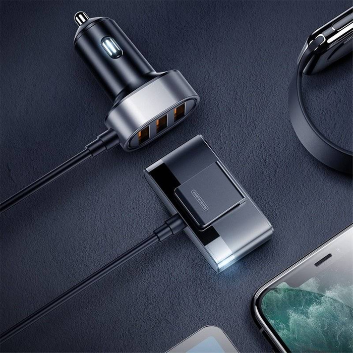 Joyroom szybka ładowarka samochodowa 5x USB 6,2 A z przedłużaczem czarny (JR-CL03)