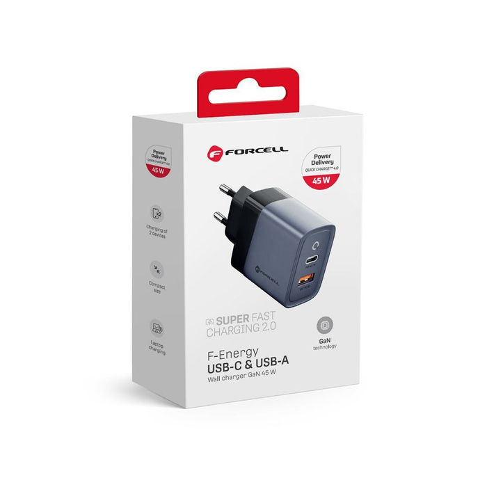 Ładowarka sieciowa do telefonu Forcell F-Energy GaN USB C + USB A QC4.0 PD 4A 45W VT-39 szara