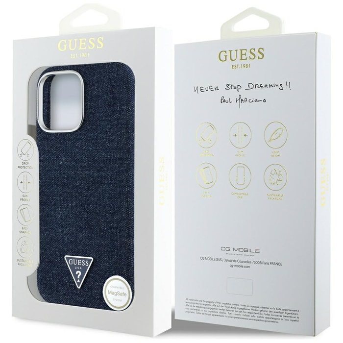 Etui Guess Denim Triangle Logo MagSafe   do iPhone 16 Pro Max niebieski