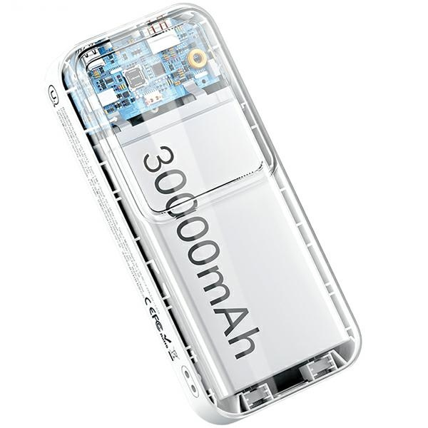 USAMS Powerbank z wbudowanymi kablami USB-C+Lightning 30000 mAh 20W PD+Qc 3.0 Fast Charge X-chel Series biały/white 30KCD21302 (US-CD213)