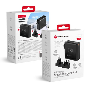Wielofunkcyjna ładowarka Forcell F-Energy 6w1 USB A + USB C PD 45W + power bank 15000 mAh + ładowanie bezprzewodowe 15W czarna