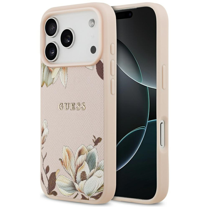 Etui Guess Grained Flowers Classic Logo  MagSafe do iPhone 17 Pro Max różowy