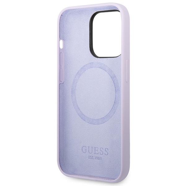 Etui Guess GUHMP14LSBPLU iPhone 14 Pro 6,1" fioletowy/purple hard case Silicone Logo Plate MagSafe Case