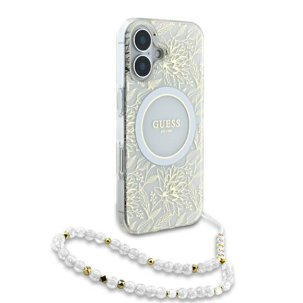Etui Guess iPhone 16 Plus 6.7" biały/white hardcase IML Flowers Allover Electro With Pearl Strap MagSafe