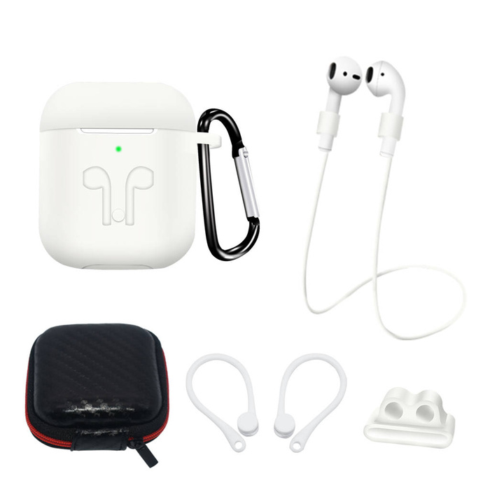 Zestaw silikonowe etui AirPods 2 / AirPods 1 + futerał / zaczep na ucho / pasek na szyję / uchwyt na pasek zegarka / karabińczyk | białe
