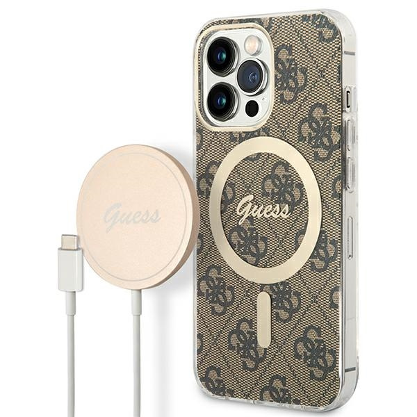 Zestaw Etui Guess Case+ Charger iPhone 13 Pro Max brązowy/brown hard case 4G Print MagSafe