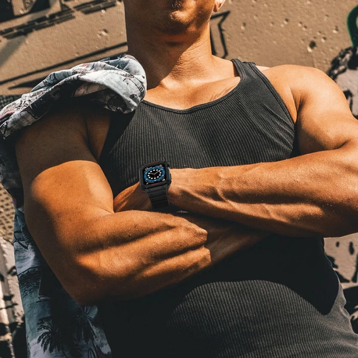 Pasek z etui ochronnym Protect Strap Band do Apple Watch 38 / 40 / 41 mm opaska obudowa pancerna - czarny, różowe złoto